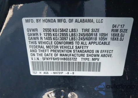 2017 Honda Pilot Ex-L z USA, uszkodzony, nr VIN 5FNYF6H51HB033722